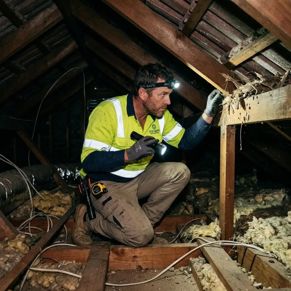 Technician inspecting a roof cavity for a dead animal in Myrniong