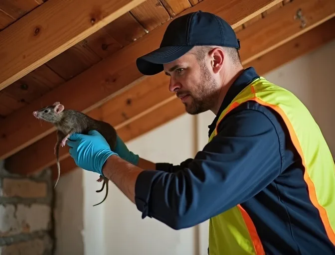 Technician inspecting a roof cavity for a dead rat in Myrniong